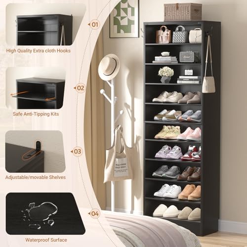 Aheaplus 10 Tiers Narrow Wood Shoe Rack, Tall Shoe Storage Cabinet, Black