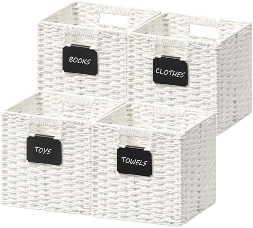 UBBCARE 4 Pack Small Wicker Basket, 9×9 Storage Cubes with Label, Foldable Cube Storage Bin with Handle, Square Storage Basket for Shelves, Woven Paper Rope Basket for Organizing, White