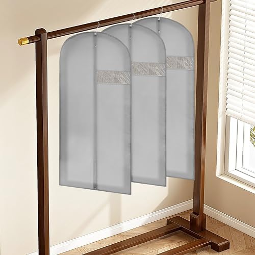 45" Garment Bags for Hanging Clothes, Dress Bags for Gowns Long with Clear Window, Foldable Suit Bag Cover for Travel and Storage (Grey)