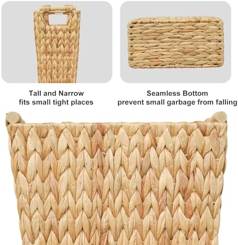 Coeusy 6 Gallon Wicker Trash Can with Wooden Handle,Wicker Waste Basket for Bathroom,Bedroom,Large Narrow Water Hyacinth Trash Basket,Rattan Boho Decor Farmhouse Bathroom Trash Can
