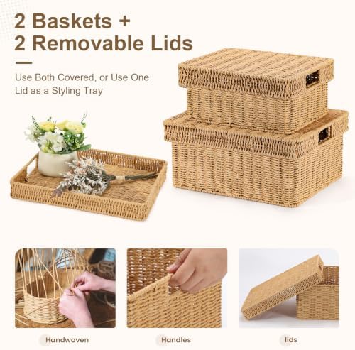 Wicker Storage Baskets with Lids for Shelves, 2-Basket Set, Natural
