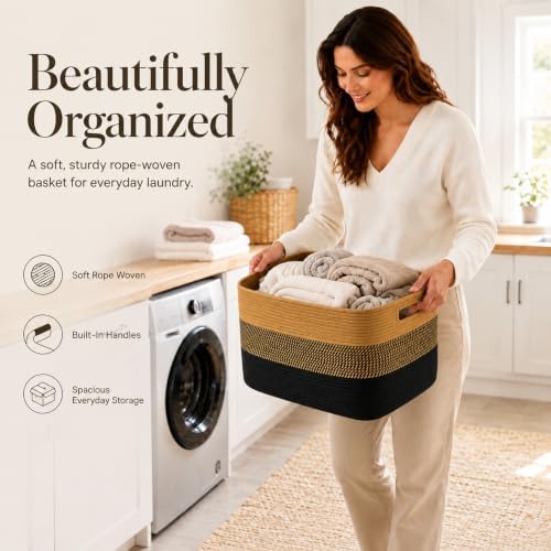 22.8GAL Extra Large Collapsible Laundry Basket for Dirty Clothes,Shoes, Sturdy Portable Aesthetic Boho Heavy Duty Wicker Hamper for Living Room Thow Pillows Blankets Storage Organizer,Khaki Black