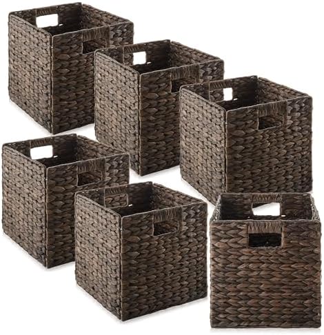 Casafield 10.5" x 10.5" Water Hyacinth Storage Baskets, Espresso - Set of 6 Collapsible Cube Organizers, Woven Bins for Bathroom, Bedroom, Laundry, Pantry, Shelves