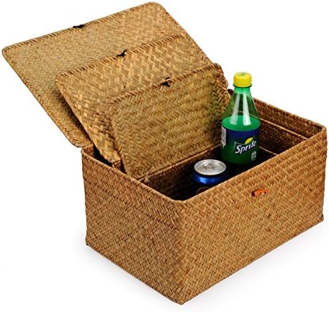 Woven Wicker Storage Bins with Lid, Seagrass Basket for Shelf Organizer, Extra Large, Set of 3