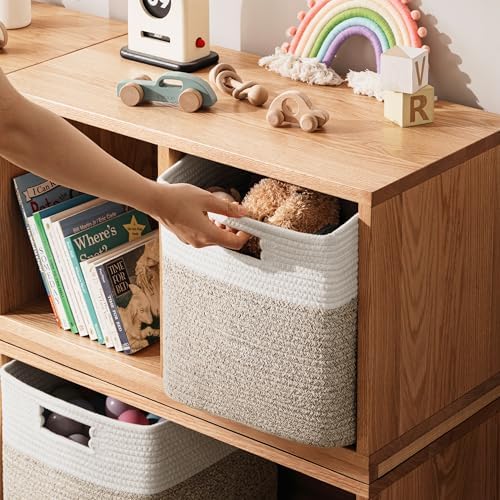 UBBCARE Set of 4 Storage Basket-12 X 12 X 12 in, Cotton Rope Basket for Shelves, Toys, Book, Cube Storage Bins with Handles, Woven Storage Basket for Organizing, White Brown