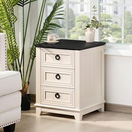Joaxswe Farmhouse Nightstand, 18'' End Table with 3 Drawer Metal Handle | Sofa Bed Side Table with 3 Drawers, White Night Stand Cabinet for Organizer Bedroom Living Room
