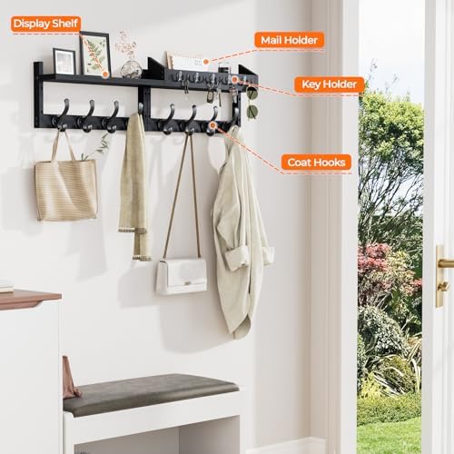 Evermagin 35" Coat Rack Wall Mount with Shelf & 13 Hooks, Entryway, Black