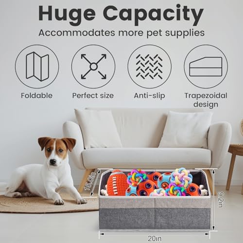 Large Dog Toy Basket with Handle, Foldable Dog Toy Box for Living Room Area , 20" Basket for Dog's Supplies, Organizer and Storage with Hard Board, Anti-Slip for Pet Toys (Gray, Medium 20"×15")
