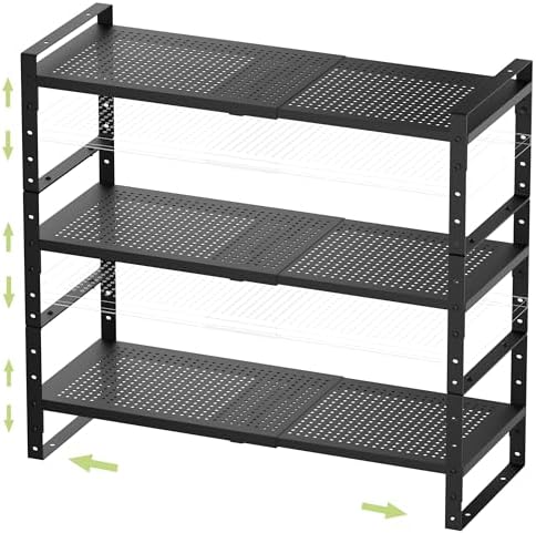 Jojocross Expandable Stackable Aadjustable Shoe Rack Pantry Shelf for Kitchen Cabinets Counter Shelves Countertop Cupboard Storage Solution,Sturdy Heavy-Duty Metal Construction(3Packs/Black/Large)