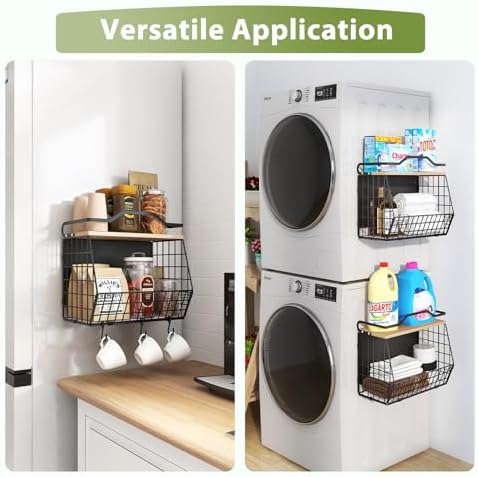 Wawocs Magnetic Shelf for Fridge with Wood Lid, 2 Tier Fruit Baskets Wall Mounted Hanging Basket with 4 Hanger Hooks, Potato and Onion Magnetic Storage Bins for Kitchen Counter, Refrigerator, Cabinet