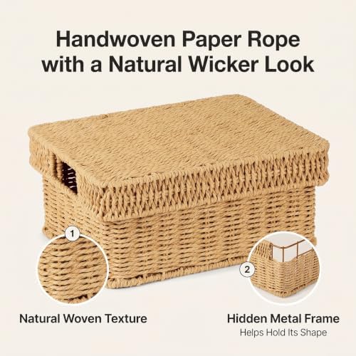 Wicker Storage Baskets with Lids for Shelves, 2-Basket Set, Natural