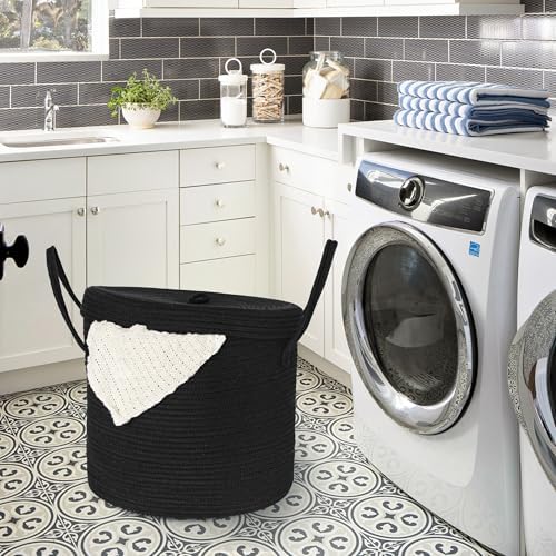 15" X 13" Large Black Basket with Lid, Cotton Rope Storage Basket for Blanket, Toy, Pillow, Towel, Laundry, Wicker Living Room Bedroom Storage Bin, Black Woven Organizing Basket with Cover