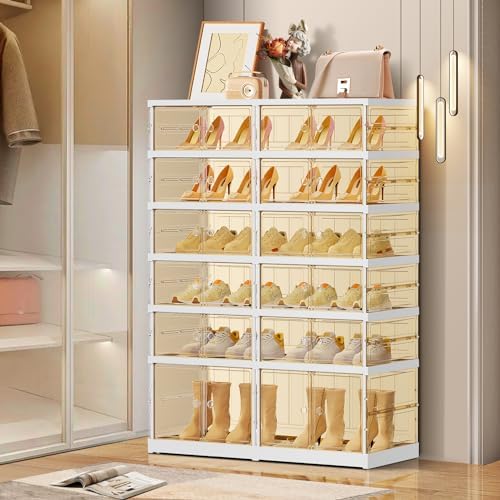EHAMILY 6-Tier Foldable Shoe Rack Organizer with Doors, 24 Pairs, White