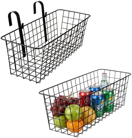 2 Pack Metal Hanging Bedside Basket for Bunk Beds & Collage Dorms - Cabinet Wire Organizer for Storage, Multi-Use Large Organizing Caddy for Bedroom, Office (Black/Large)