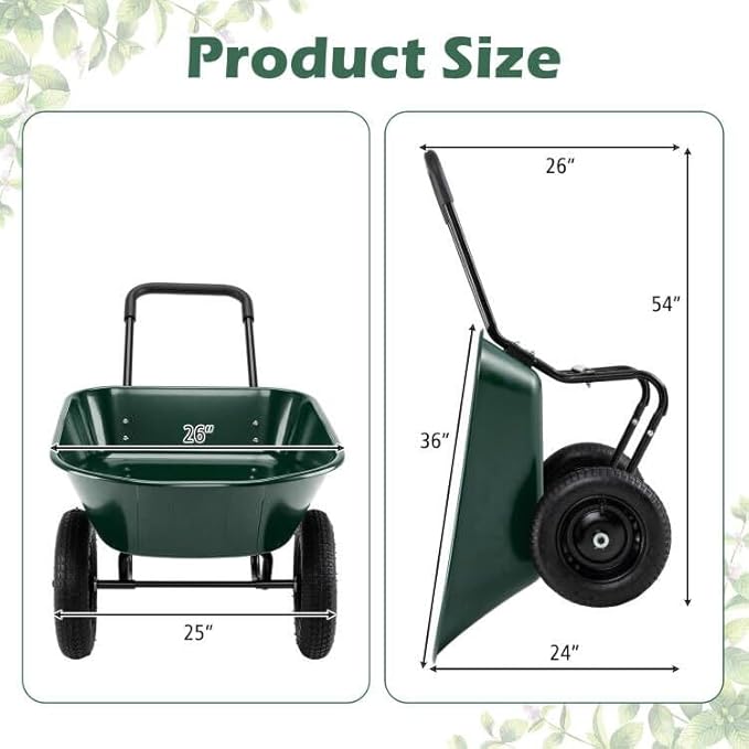 ERGOMASTER Dual-Wheel Wheelbarrow, Home Utility Garden Cart, 330 LBS Capacity, Large Heavy Duty Yard Cart for Gardening & Planting, Lawn, Farm, Construction Site, Green