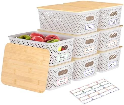 Anysig 8 Pack Plastic Storage Bins with Bamboo Lids, 5.2 QT Stackable Bins