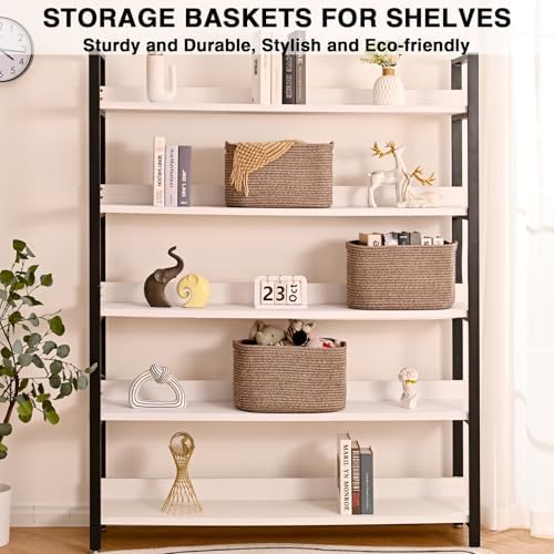 Storage Baskets for Organizing Shelves, Woven Cotton Rope Bins for Organization, Dog Toy Organizer for Shelf Living Room Bedroom, 14.8"×11"×9.5", Pack of 3, Dark Brown