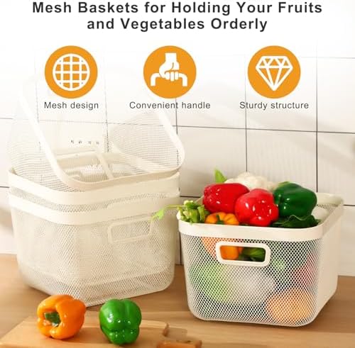 MorningRo 4 Pack Metal Mesh Basket with Hollow Handles White Wire Storage Bin for Organizing Stackable Metal Fine Mesh Basket for Pantry Bathroom Kitchen Cabinets Shelves (Large)