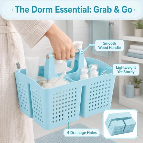 Portable Shower Caddy Basket with 3 Compartments and Handle, Light Blue | Plastic Divided Toiletry Organizer for Bathrooms, Guest Rooms, Spa Areas, Skincare, Pools, Vanities and Dorms