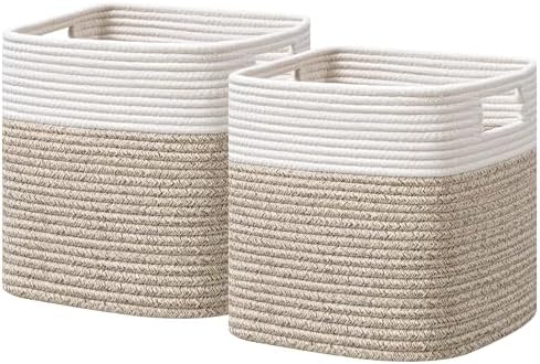 UBBCARE Storage Cubes 11 Inch, Cotton Rope Woven Baskets for Organizing, Cube Storage Bin for Baby Nursery, 2-Pack Square Toy Storage Baskets for Shleves Organizer, Closet, Kidsroom, Brown