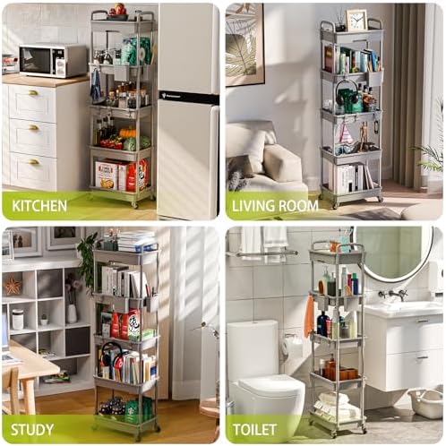 Sorgion 5 Tier Rolling Cart Organizer,Bathroom Cart Organizers with Wheels Laundry Room Organization Mobile Shelving Unit Utility Cart Storage Shelves Multi-Functional for Office, Home(Grey)