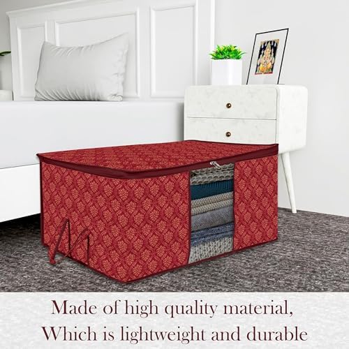 Kuber Industries (Pack of 12) Underbed Storage Bag | Golden Printed | Large Blanket Organizer | Clothing Storage Bag | Clear Window & Handle Storage Bag | Kambal Storage Bag | Maroon