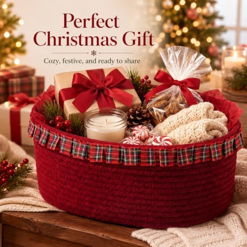RattanView Cotton Rope Gift Basket with Red Gingham Ruffle Trim Handles