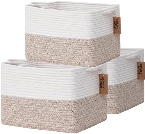 COMFY-HOMI 3PACK Cotton Rope Square Basket with Handles for Shelves| Storage|Baby Basket for GIF|Shoe Basket for Organizing|New13.5" x 11" x 9.5" for Living Room