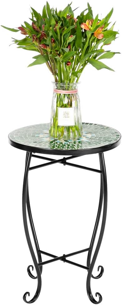 Mosaic Patio Table,Outdoor Side Table,14inch Accent Table Plant Stand Decor, Small Vintage Outdoor End Table with Stained Glass Mosaic & Iron Frame for Patio Garden Balcony Poolside (Green Flower)