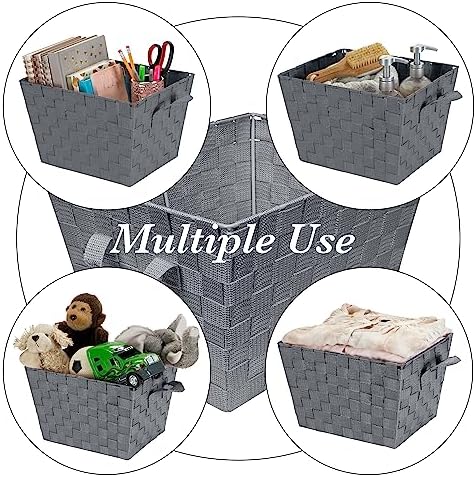 Simplify Medium Woven Strap Tote | Decorative Storage Basket | 2 Handles | Organization | Closet | Bedroom | Bathroom | Nursery | Accessories | Toys | Gifts | 1 Pack | Grey