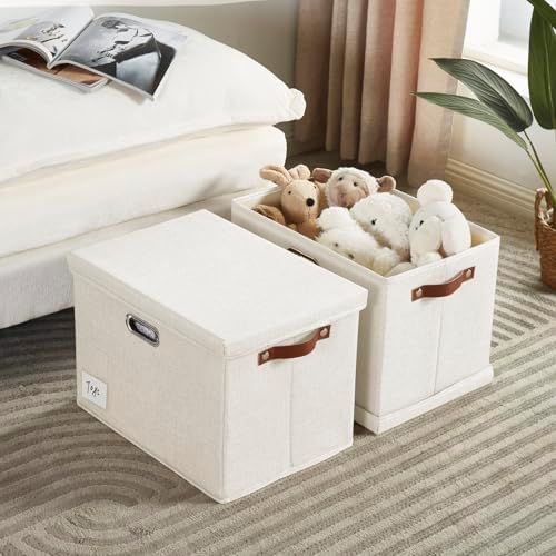 17" Large Fabric Storage Box with Lids, 3-Pack, White