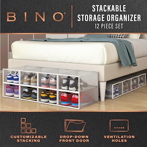 BINO 36-Pack Plastic Stackable Shoe Box Set - Clear | Foldable Shoe Storage Container | Sneaker Bins | Shoe Rack Box | Transparent | Portable Stacking Shoe Boxes Front Open