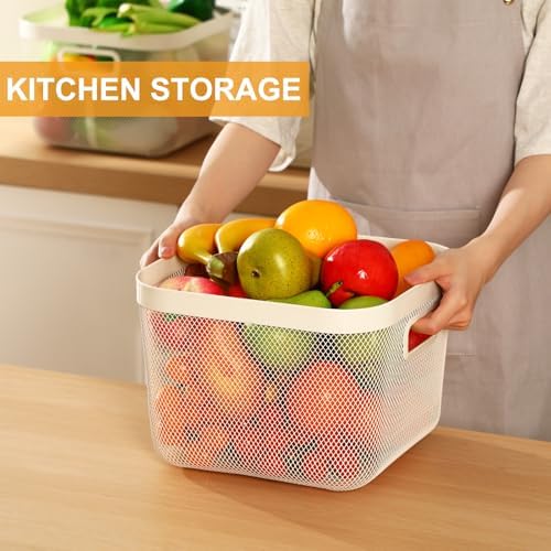 MorningRo 4 Pack Metal Mesh Basket with Hollow Handles White Wire Storage Bin for Organizing Stackable Metal Fine Mesh Basket for Pantry Bathroom Kitchen Cabinets Shelves (Large)