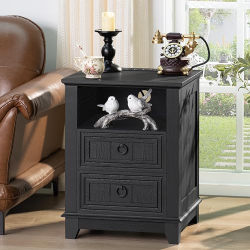 Joaxswe 18" Farmhouse Night Stand Set 2 with Charger Station & 2 Drawers | Nightstand with Storage, Black Bedside Table w/ 4 Wooden Legs, End Table Bedroom, Bed Side Tables for Living Room, Office