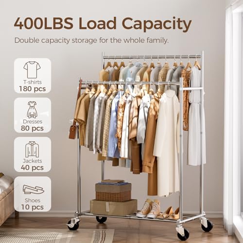HYSEYY Clothes Rack,Double Rods Rolling Clothing Rack for Hanging Clothes load 400LBS,Portable Garment Coat Rack with Wheels Wardrobe Closet for Bedroom Laundry Room,Retail Store,Silver