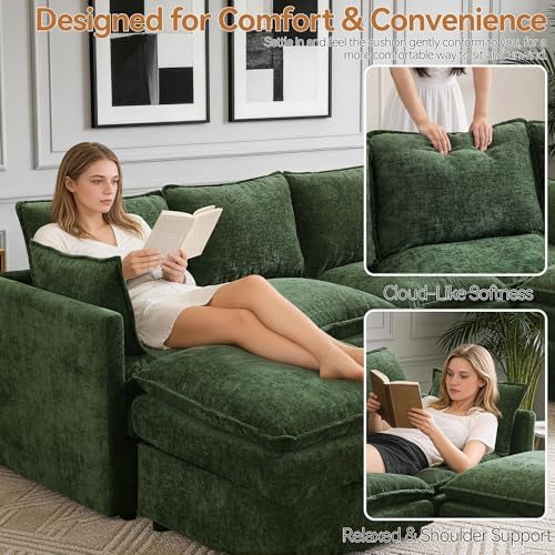 80" Modular L Shaped Storage Sofa with Ottoman, Cloud Sectional Sofa with Hidden Storage, Modern Chenille Couch with Ottoman for Living Room,Green