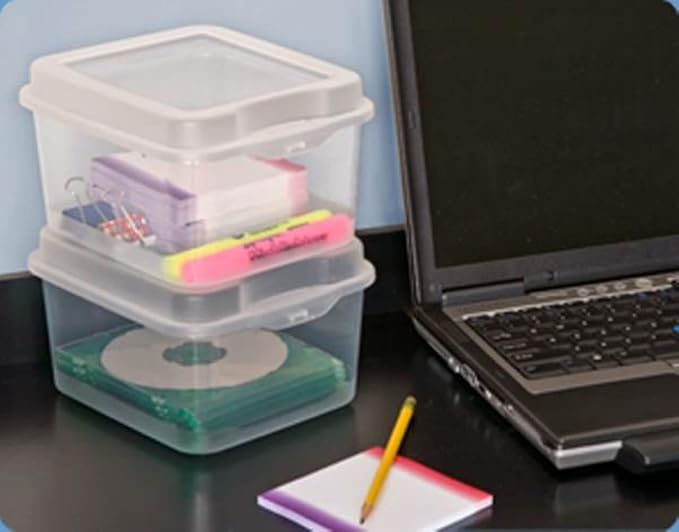 Sterilite FlipTop, Stackable Small Storage Bin with Hinging Lid, Plastic Container to Organize Desk at Home, Classroom, Office, Clear, (Pack of 12)