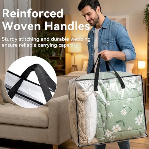 Clear Storage Bag 26 x 26 x 8.6 Inches Heavy Duty Oversized Organizer for Blankets Clothes Closet Storage Packing and Dorm College Supplies (Center zip)