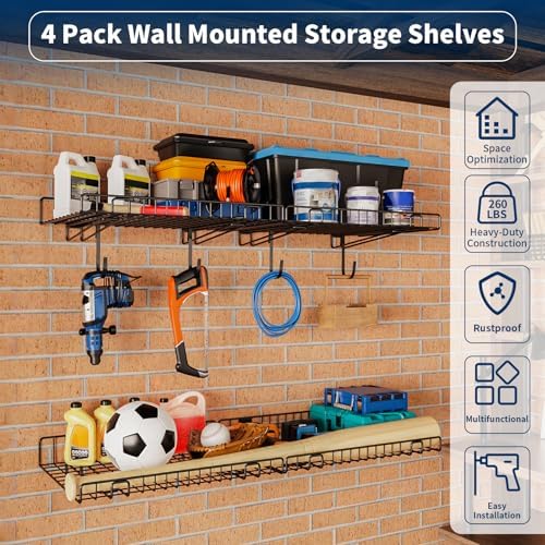 4 Pack Garage Wall Shelf, Wall Mounted Storage Shelves, Heavy Duty Metal Shelves for Room Wall, Loads 160 LBS Floating Shelves Mesh Storage Rack for Garage, Office, Basement,Wall Cabinet and Kitchen