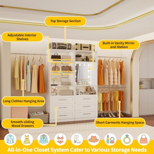 Closet System with 6 Drawers & Mirror, 4-12FT Closet Organizer System with 6 Shelves, 5 Hanging Rods & Light, Modular Custom Closet System Kit for Walk in Closet, 2 Sets, White