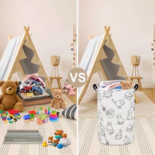 Round Fabric Collapsible Storage Basket with Handles, Black cat