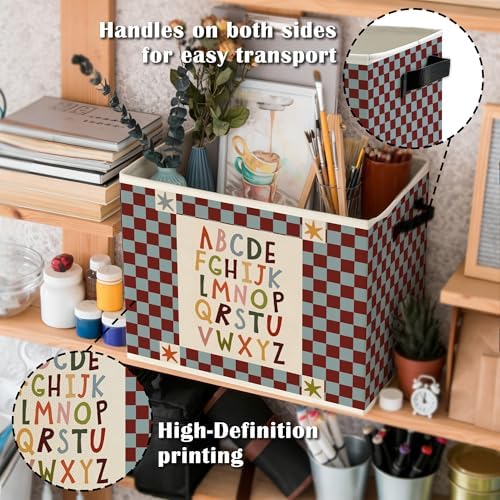 Alphabet Classroom Storage Bins Box with Handles, Red Blue Checkered Alphabet Educational Collapsible Basket Organizer for Classroom Toddler Kids Room Bedroom Bathroom Books Clothes