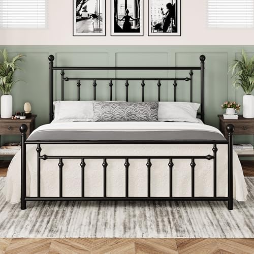 Allewie 14'' King Size Metal Platform Bed Frame, Vintage Headboard, Black
