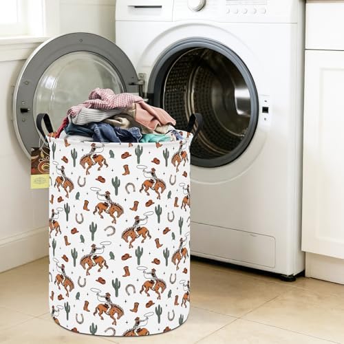 Round Fabric Collapsible Storage Basket with Handles, Cowboy