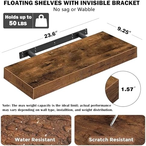 23.6"L Heavy Duty Solid Wood Core Floating Shelves, Rustic Brown, Set of 2