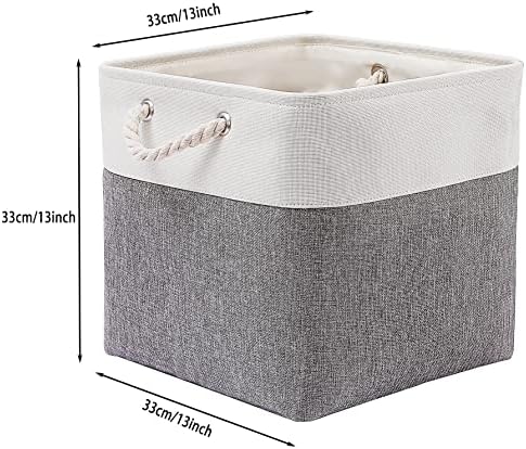 MidmmVick 13 x 13 Inch Cube Storage Bins, 4 Pack Large Collapsible Fabric Storage Bin with Ropes, Foldable Storage Cubes for Home, Office,Closet, Clothes, Toys Organizer (White & Grey)