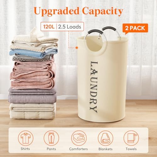 Lifewit 2 Pack 120L Laundry Basket with Aluminum Handles, White | Collapsible Large Laundry Hamper, Waterproof Fabric, Freestanding Dirty Clothes Hampers for Dorm, RV, Bedroom, Laundry Room
