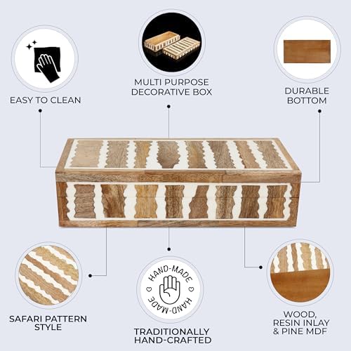 Handicrafts Home White Decorative Storage Box with Lid Wooden Coffee Table Storage Box Decorative Organizer for Living Room Decor – Resin Inlay Kept Safari Collection - 10x4.5x2.5