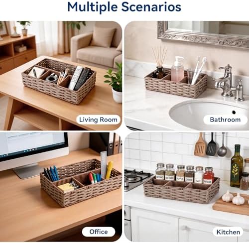 Whitmor 4-Compartment Woven Storage Basket with Dividers, Divided Makeup Organizer and Drawer Split Rattique Bin for Bathroom Countertop, Vanity, Office Desk, 11.8x7.9x2.8 Inches, Light Brown