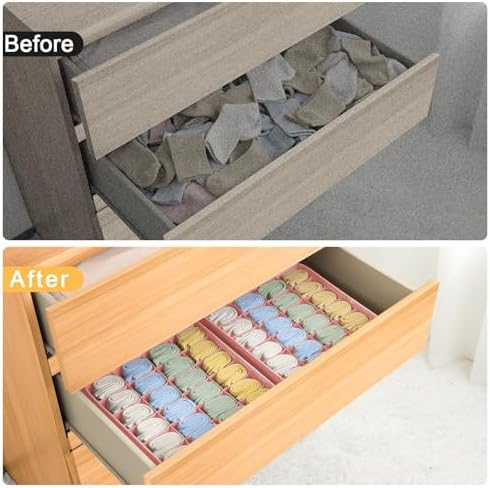 Sock Organizer 4 Pack - 24 Cell Foldable Underwear & Sock Storage, Drawer Organizer for Ties, Belts. (Pink)